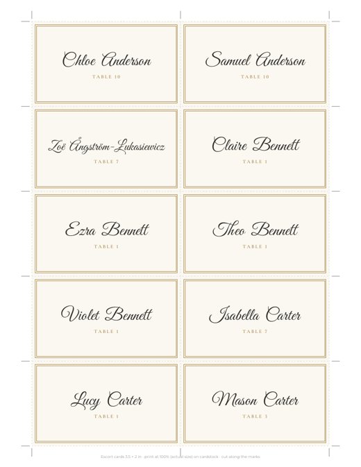 Sheet of escort cards with cut marks